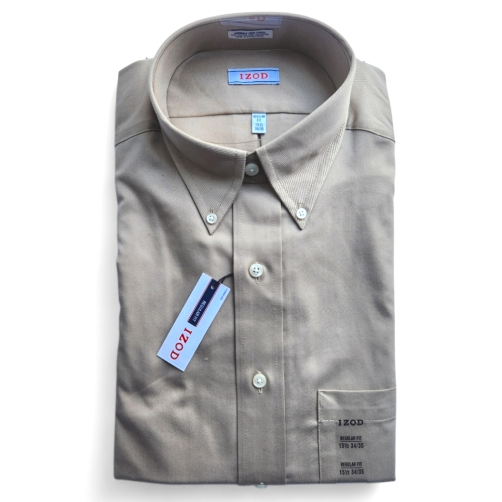 Men's NWT IZOD Tan Regular Fit Button-Down Shirt NEW WITH TAGS